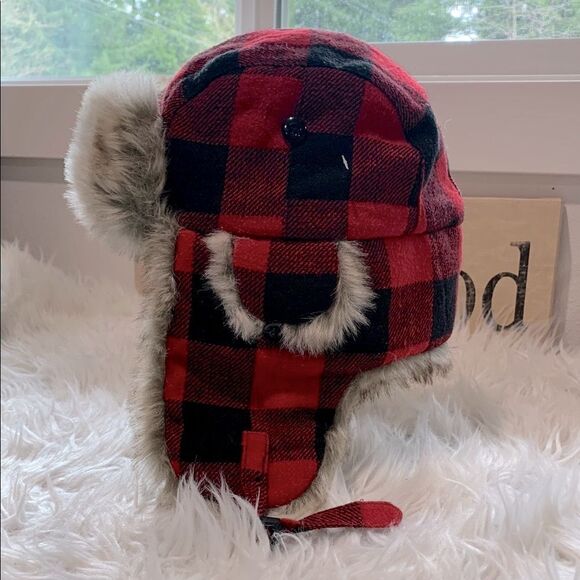 DPC Dorfman Pacific Red and Black Buffalo Plaid Trapper Hat with Fur Trim. XL - Picture 9 of 9